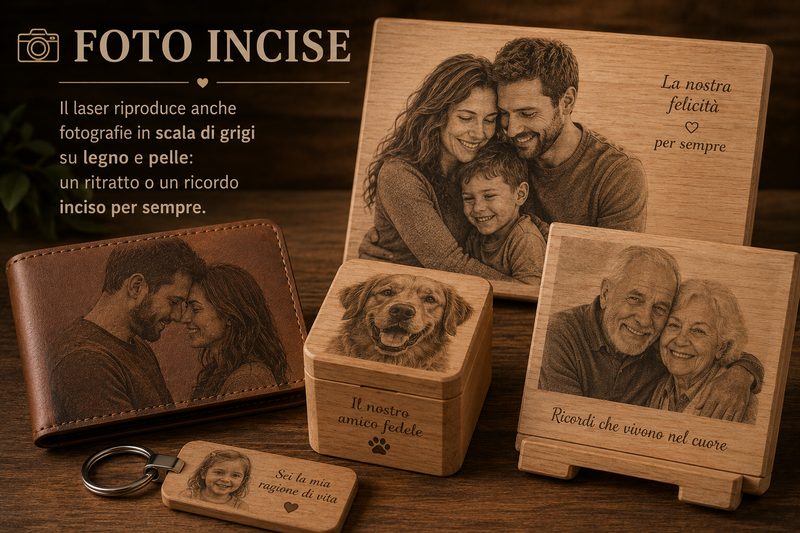 Fotografia riprodotta con incisione laser in scala di grigi su legno