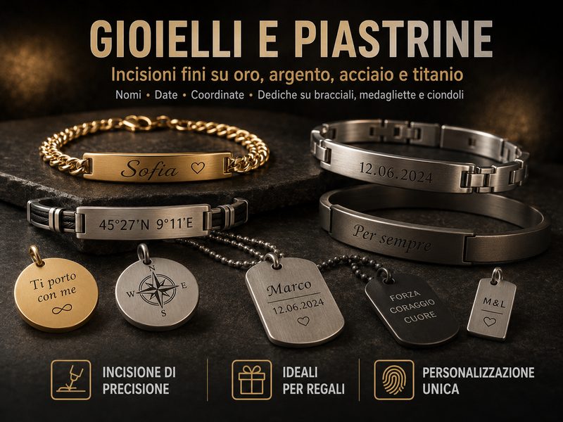 Bracciali, medagliette e ciondoli in oro, argento e acciaio con incisioni laser di nomi, date e dediche