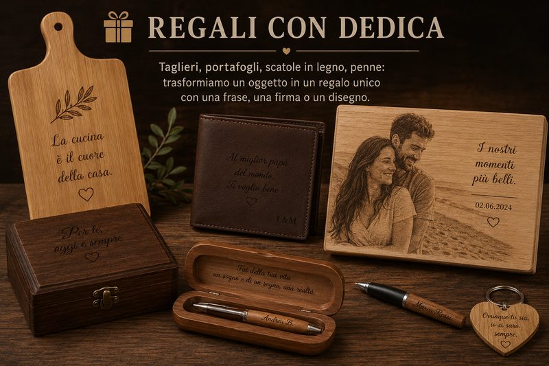 Regali personalizzati con dedica incisa al laser su legno e pelle