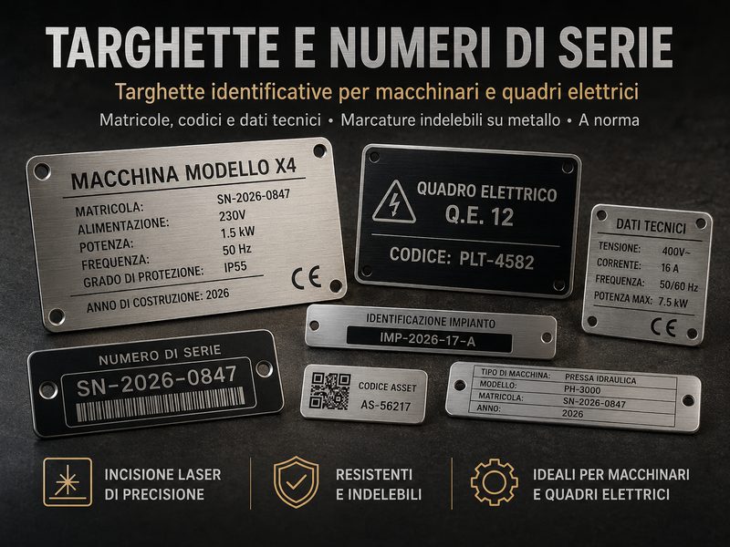 Targhette identificative in metallo incise al laser con matricole, dati tecnici e codici per macchinari e quadri elettrici