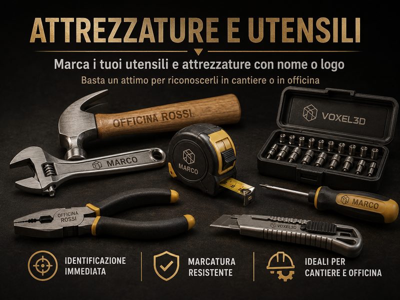 Utensili e attrezzature da officina marcati al laser con nome e logo