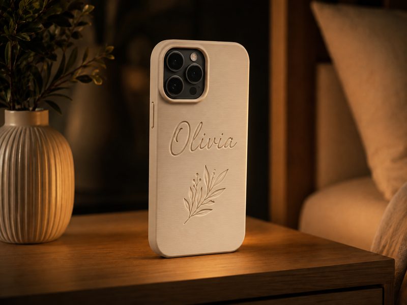 Cover per smartphone personalizzata con nome e decoro floreale in rilievo