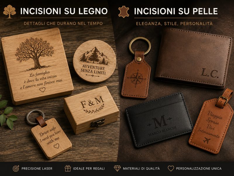 Incisioni laser su legno e pelle: scatole, portachiavi, portafogli e targhette personalizzate