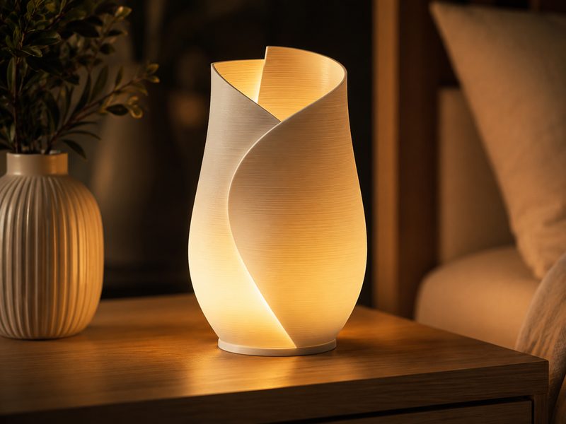 Lampada stampata in 3D dalla forma avvolgente, accesa su un comodino