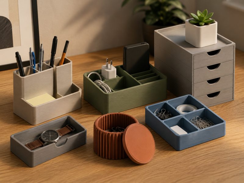 Set di organizer da scrivania stampati in 3D: portapenne, vaschette e cassettiere